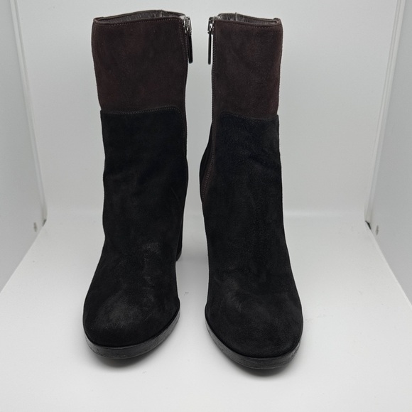Aquatalia Suede Brown Black Ankle Block Heel Zipper Closure Bootie Size 7 - Picture 3 of 12
